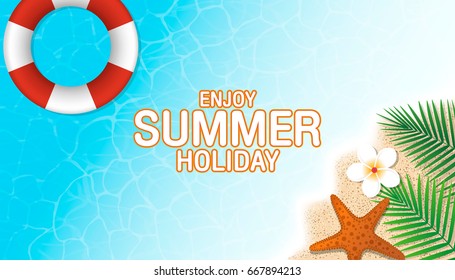 Enjoy summer holiday background. Top view of lifebuoy, starfish, flower and leaf on sand beach. Season vacation, weekend. Vector Illustration.