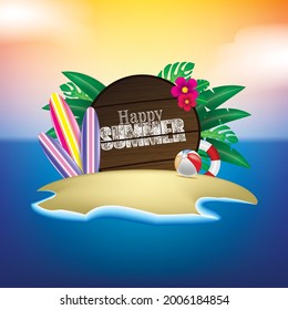 Enjoy Summer Holiday Illustration with Typography Letter on Blue Ocean and Sky Background. Summer Vector Design for Banner, Flyer, Invitation, Brochure