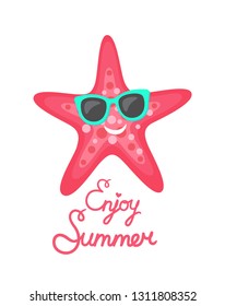 Enjoy summer holiday vector, summertime character of beach. Starfish smiling and wearing glasses, sunglasses protecting from sun, tropical creature