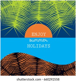 enjoy summer holidays background, flat design illustration of sunset, sea, palm leaves and place for your text