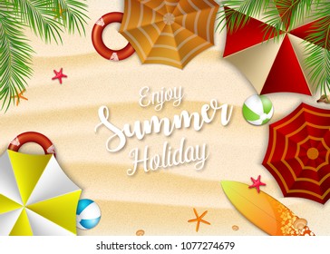 Enjoy summer holidays background. Top view of many umbrellas, surfboard, buoy, starfish, beach ball and palm trees