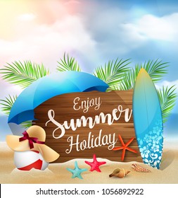 Enjoy summer holidays banner design with a wooden sign for text and beach elements