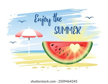 Enjoy The Summer. Summer Holidays concept with watermelon, sun and beach umbrella on the sand beach background. Vector illustration.