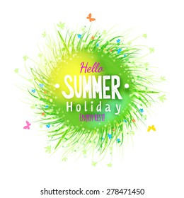 Enjoy summer holidays grass circle label. Floral elements. Abstract vector green season backdrop. Eco friendly banner with drawing text and typography.