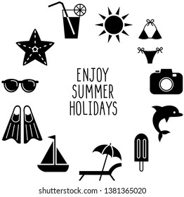 Enjoy summer holidays text. Set of flat icons, including swimsuit, ice cream, sea star, cocktail, sunglasses, sun, photo camera, flippers, sailboat and others. Vector isolated on white background.