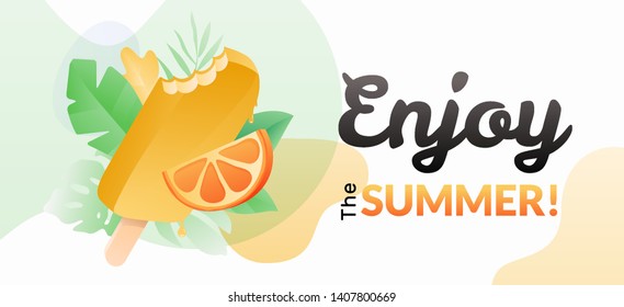Enjoy the summer horizontal web banner template with bitten popsicle and orange slice. Summer vector design concept with tropical leaves background.