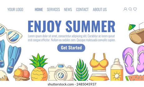 Enjoy summer, landing page. Beach elements. Sunglasses, flippers, pineapple, camera, swimsuit, ice cream, flip flops, watermelon. Web template for site, homepage, banner. Summertime, season vacation