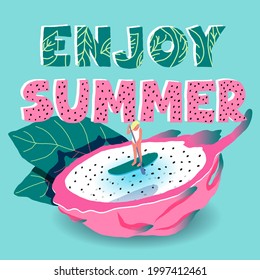 Enjoy summer lettering party girl sup fruit illustration. Vector tropical pink green banner exotic pitaya swimming woman. EPS 10