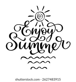 Enjoy Summer lettering in script style. Black letters on white background. Brush hand written calligraphy style with flourish	
