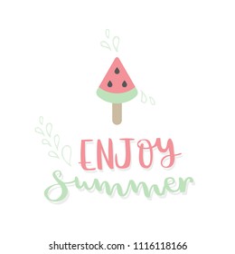 Enjoy summer lettering and watermelon. Vector illustration, hand drawn style