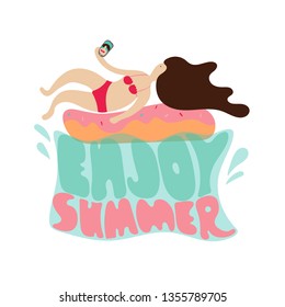 ENJOY SUMMER lettering. Woman lying and swimming on inflatable mattress in sea and taking photo selfie. Summer vacation concept. Vector trendy modern text illustration t shirt, textile, swimsuit print
