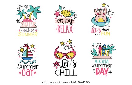 Enjoy Summer Logo Templates Collection, Lets Have Fun and Chill, Aloha Summer Day Cute Colorful Labels Vector Illustration