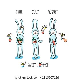 Enjoy summer months, June, July, August. Baby bunny rabbits collect sweet fruits, strawberry, cherry, pear and little birds help them. Cute hand drawn animal characters and graphic elements for kids.