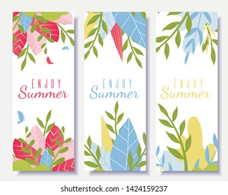 Enjoy Summer Motivation Flyer Set in Cartoon Style. Creative Cards with Inspiration Text. Welcome Summertime Covers and Social Media Templates. Vector Flat Illustration with Floral Design