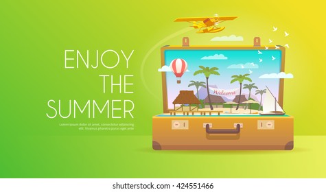 Enjoy the summer. Open suitcase with tropical island. Flat design.