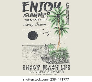 Genießen Sie Sommerparadies für Shirt, Poster, Aufkleber. Sommer gute Stimmung. Paradise Print t Shirt Grafik Design, Typografie Slogan auf Palmen Hintergrund. Inselskizze. Lang Strand.