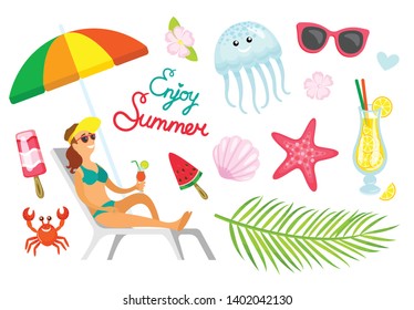 Enjoy summer person relaxing with cocktail vector. Palm tree branch with leaves, beverage in cup, crab and jellyfish, sunglasses and starfish flat style