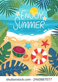 Enjoy summer. Summer poster, banner, card. Sea coast, sandy beach. Holidays by the sea, relaxation, vacation concept. Lifebuoy, starfish, watermelon, fruits, tropical plants, flowers.