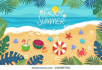 Den Sommer genießen. Sommerplakat, Banner. Horizontales Design. Küste, Sandstrand. Feiertage am Meer, Entspannung, Urlaub. Rettungsring, Seestern, Kokosnuss, Wassermelone, Muscheln, Krabben, tropische Blätter.