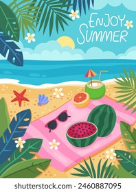 Enjoy summer. Summer poster, banner. Picnic on the seashore, relaxation, vacation, travel concept. Sea coast, sandy beach. Watermelon, coconut, sunglasses. 