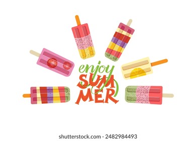 Disfruta del poster de verano con paletas y caligrafía manuscrita. Concepto de Festiva.