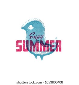Enjoy summer. Retro sign, badge, banner template. Illustration little bird of the emblem of summer. It is good for printing posters and as an icon on the site.