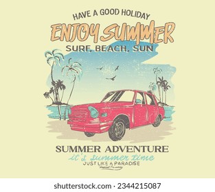 Enjoy summer road trip. Summer adventure graphic print design. Beach vibes print design for  apparel, stickers, posters, background and others. Enjoy summer time vector design.