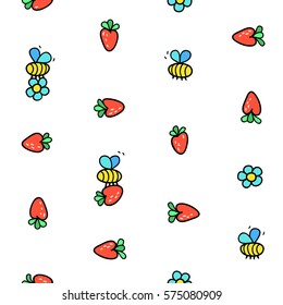Enjoy summer seamless vector pattern. Little funny bees are flying and picking strawberries and flowers. Cute hand drawn graphic elements for kids. Perfect for wrapping, package, textile design.