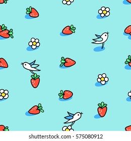 Enjoy summer seamless vector pattern. Little funny birds are flying and picking strawberries and flowers. Cute hand drawn graphic elements for kids. Perfect for wrapping, package, textile design.