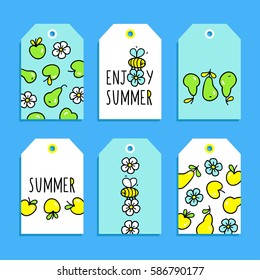 Enjoy summer. Set of cute hand drawn gift tags with fruits and little funny bees are picking apple and pear flowers. Vector design templates perfect for kids greeting, labels, badges.