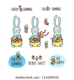 Enjoy summer set with hand drawn signs, cute bunny rabbits and funny bees. Bunny rabbit holds full basket of different summer fruits. Animal characters and graphic elements for kids design on white.