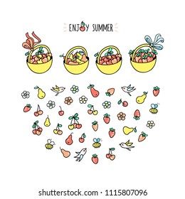 Enjoy summer set with hand drawn graphic elements.  Full basket of different summer fruits, and clipart of strawberry, cherry, pear and blooms, funny birds and bees on white background.