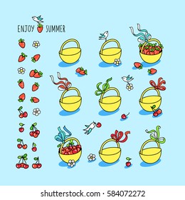 Enjoy summer. Set of hand drawn graphic elements for summer season design. Outline drawing of berries baskets with ribbons and bows on handles, little birds are picking strawberry, cherry and flowers.