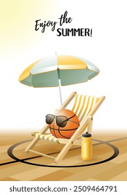 Enjoy the Summer! Sports card. Basketball ball with sunglasses, beach umbrella, deck chair and water bottle on the parquet floor. Vector illustration.