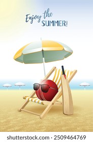 Enjoy the Summer! Sports card. Cricket ball with sunglasses, beach umbrella, deck chair and wooden bat on the sand beach. Vector illustration.