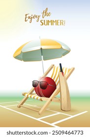 Enjoy the Summer! Sports card. Cricket ball with sunglasses, beach umbrella, deck chair and wooden bat on the Cricket field. Vector illustration.