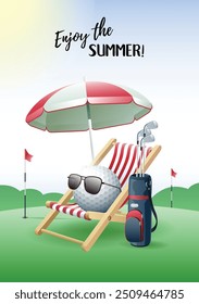 Enjoy the Summer! Sports card. Golf ball with sunglasses, beach umbrella, deck chair and golf bag on the green field. Vector illustration.