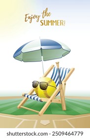 Enjoy the Summer! Sports card. Softball ball with sunglasses, beach umbrella, deck chair and wooden bat on the baseball field. Vector illustration.