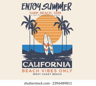 Enjoy summer. Surfing club graphic print design for t shirt. Beach hand sketch graphic design for t shirt print, poster, sticker, background and other uses. California, Santa monica. 