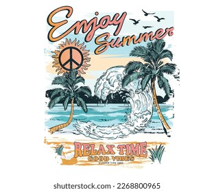 Enjoy summer. Surfing waves. Beach vibes print artwork for t-shirt, poster, sticker and others. Big wave with palm tree vector design. Sunshine. relax time.