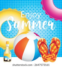 Enjoy Summer. Swimming pool vector hand drawn illustration with colorful objects.