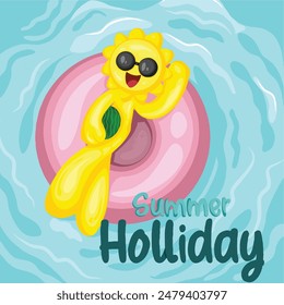 Enjoy summer with this cute vector! A cartoon sun with sunglasses lounges on a float in the sea, surrounded by watermelon slices. Perfect for invites, posters, and summer-themed projects. 