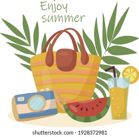 Enjoy the summer time. Set with things for a beach party with a fruity cocktail Against a background of palm leaves. Vector objects and things for vacation and travel.