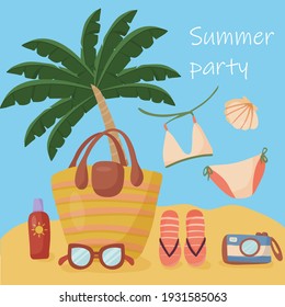 Enjoy the summer time. Set with things to do on vacation at the beach. Vector items and things for party and travel. Yellow sand, palm tree with big leaves and blue sky.