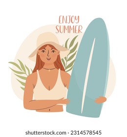 Enjoy summer. Time to surf. Woman holding surfboard. Vector illustration