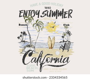 Enjoy summer time vector design. Summer retro graphic print design. Palm tree, chair graphic print design.  Surfing board. Perfect wave. Lifeguard house. Good vibes t-shirt artwork.