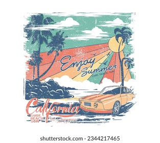 Enjoy summer time vector design. Summer adventure graphic print design. Beach vibes print design for  apparel, stickers, posters, background and others. 