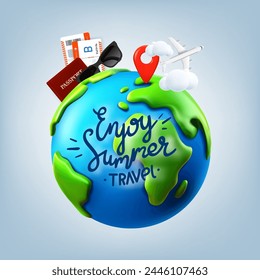 Enjoy summer travel concept. 3d vector banner with lettering label