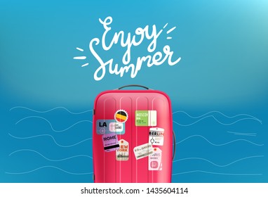 Enjoy summer travel concept with calligraphic logo and red bag