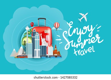 Enjoy summer travel vector concept with calligraphic inscription